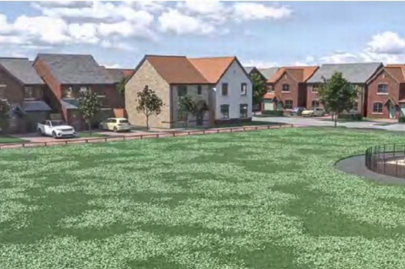 A 3D render image of a new build estate, showing houses, cars parked outside, trees lining the street; our Conveyancing Solicitors in Lytham discuss buying land next to your house.