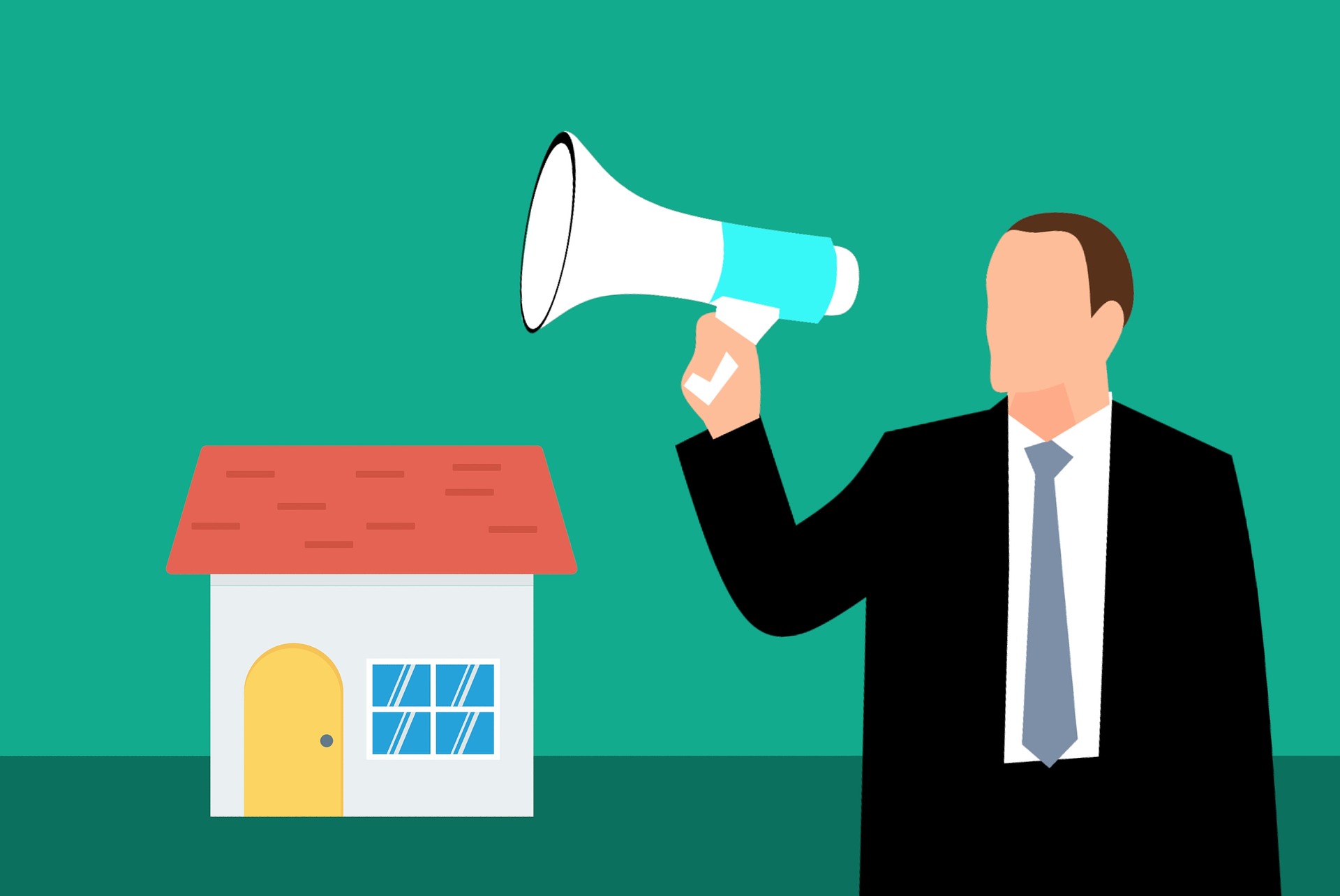 A symbol of a house, with a person symbol stood in front with a megaphone; our Auction Conveyancing Solicitors discuss purchases through auction and the fees involved.