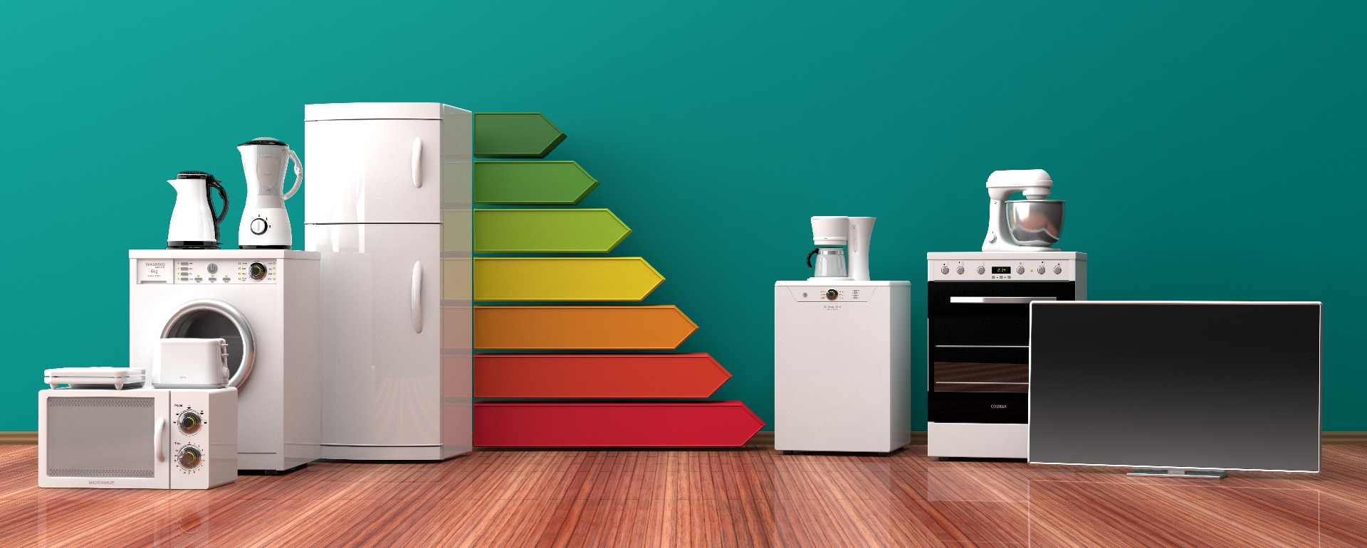 A variety of appliances, such as a cooker, fridge, TV, microwave, and kettle; our Conveyancing Solicitors in Lytham discuss Energy Performance Certificates and why these are required.