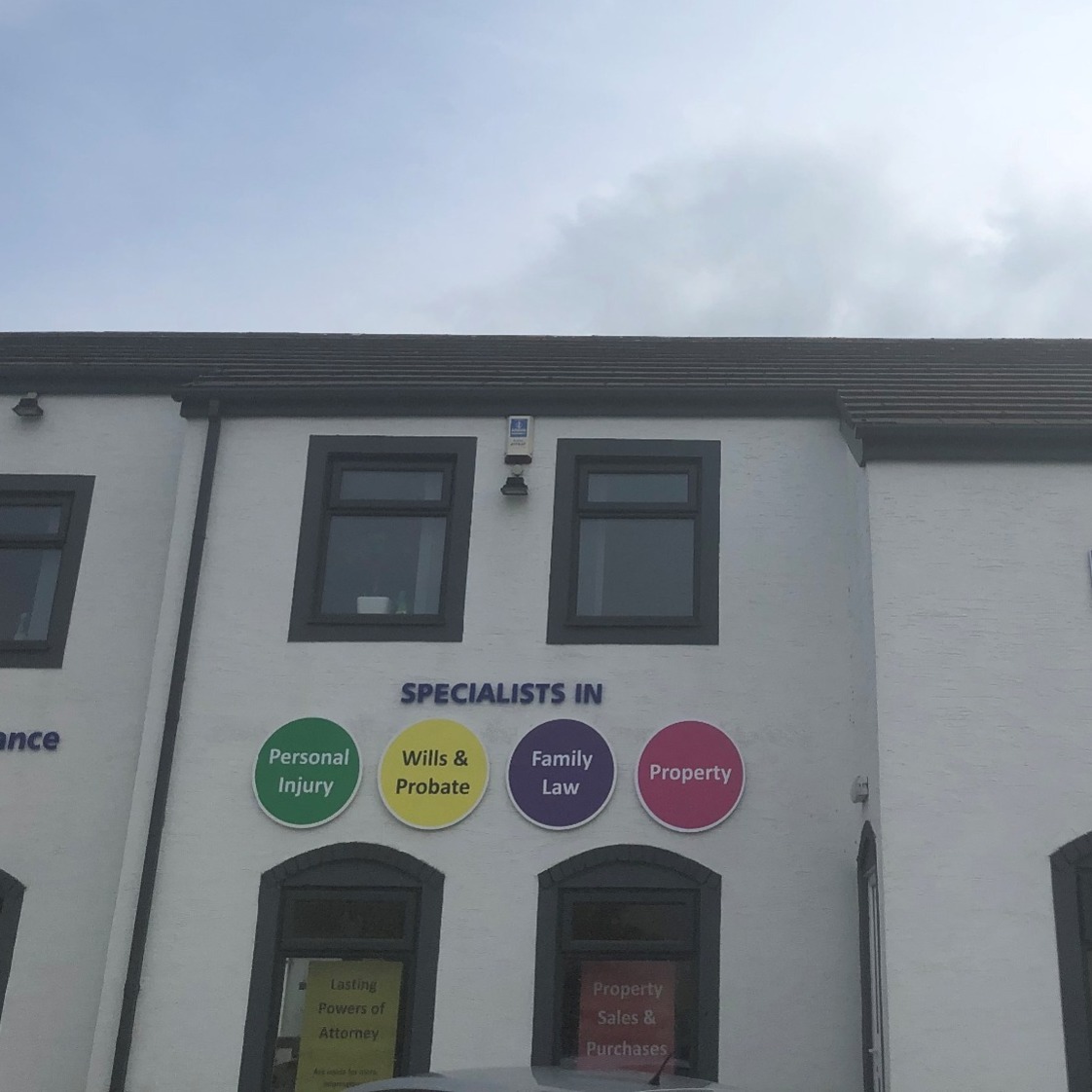 MG Legal's four coloured balls on the exterior of our Garstang office at 7 Pringle Court, Garstang, PR3 1LN