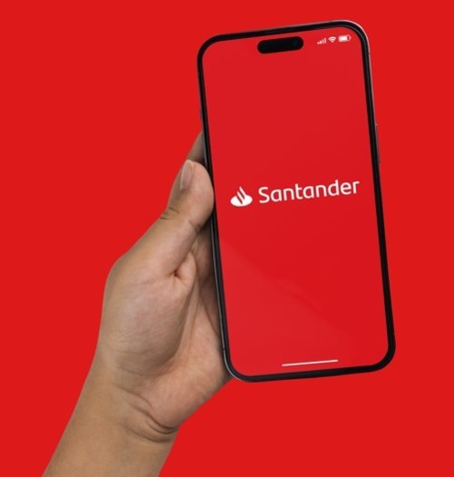 Santander Bank's logo, on a phone; our conveyancing solicitors are on Santander lender panel, and can assist with your santander mortgage for your property purchase.
