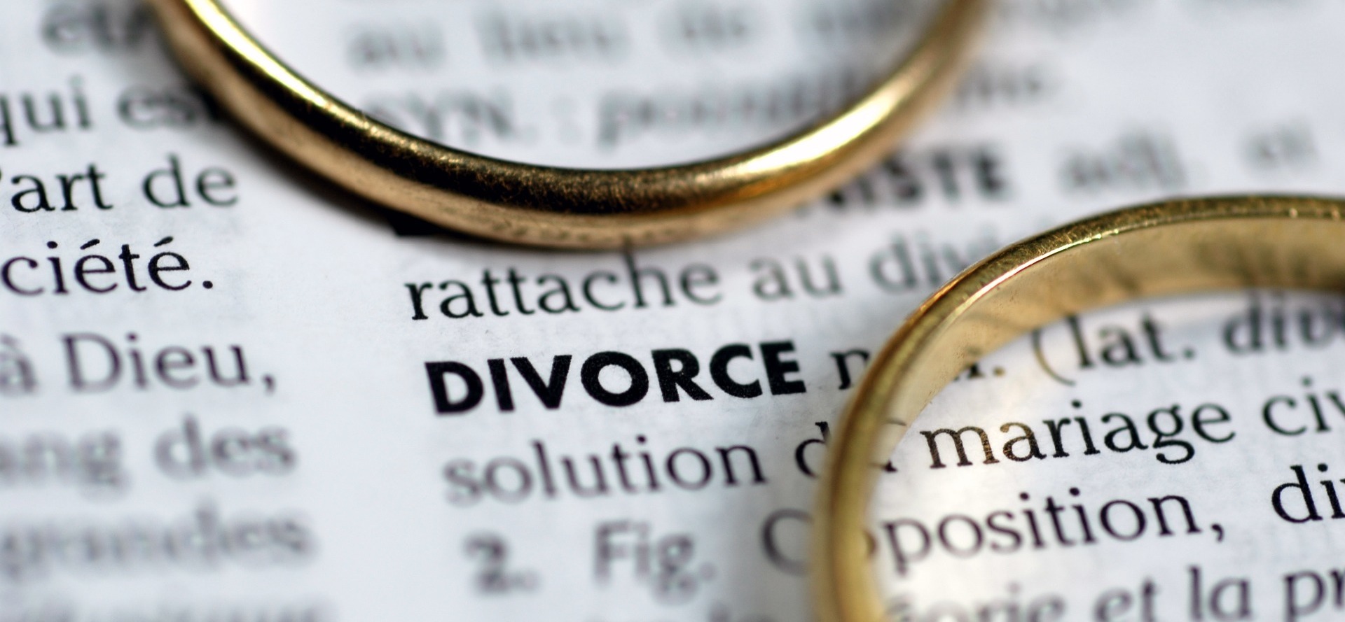Two gold wedding rings placed on a page showing the dictionary definition of Divorce