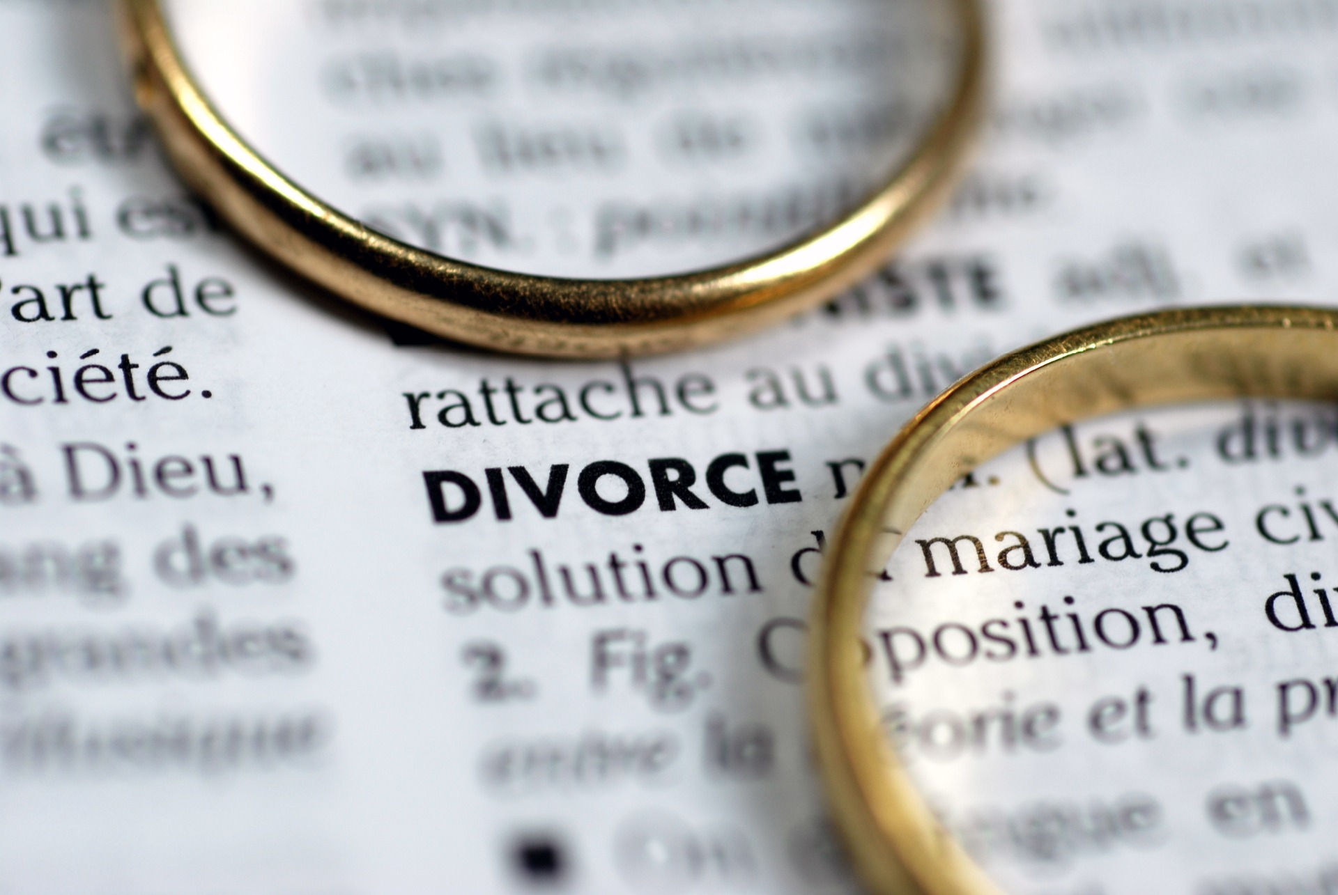 Two gold Wedding Rings placed on a definition of Divorce