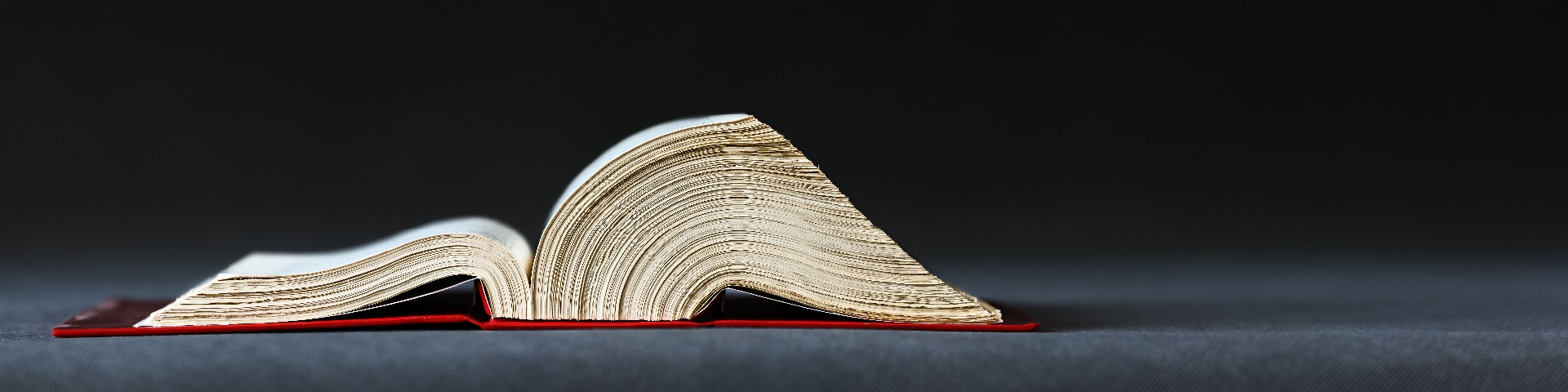 A large open book, with a red cover, on a grey background.