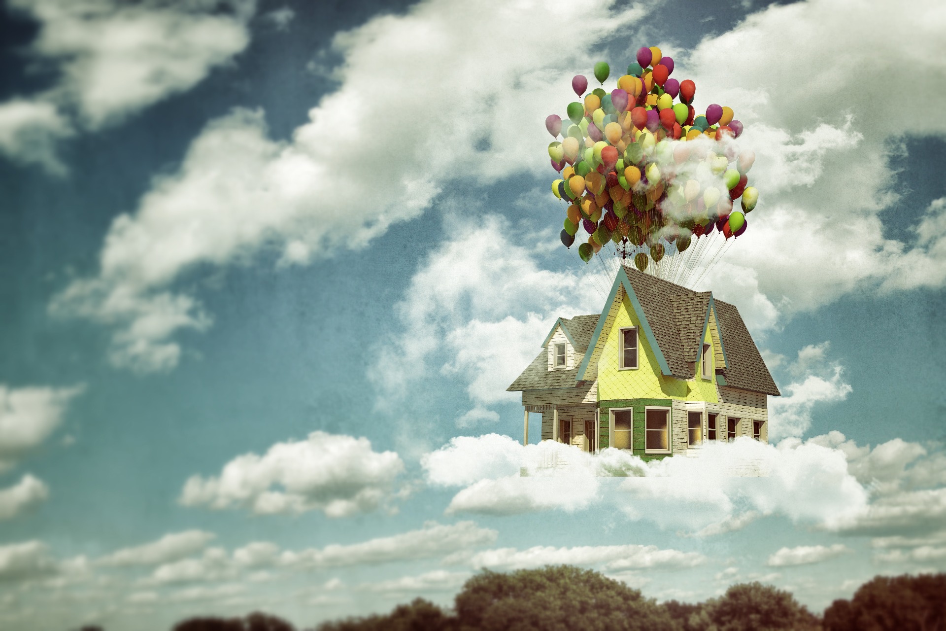 A large house in the clouds being lifted by lots of coloured balloons