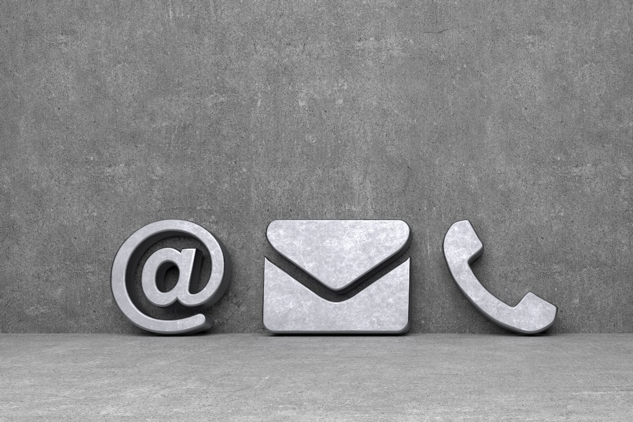 An '@' sign, an email envelope and a telephone symbol.