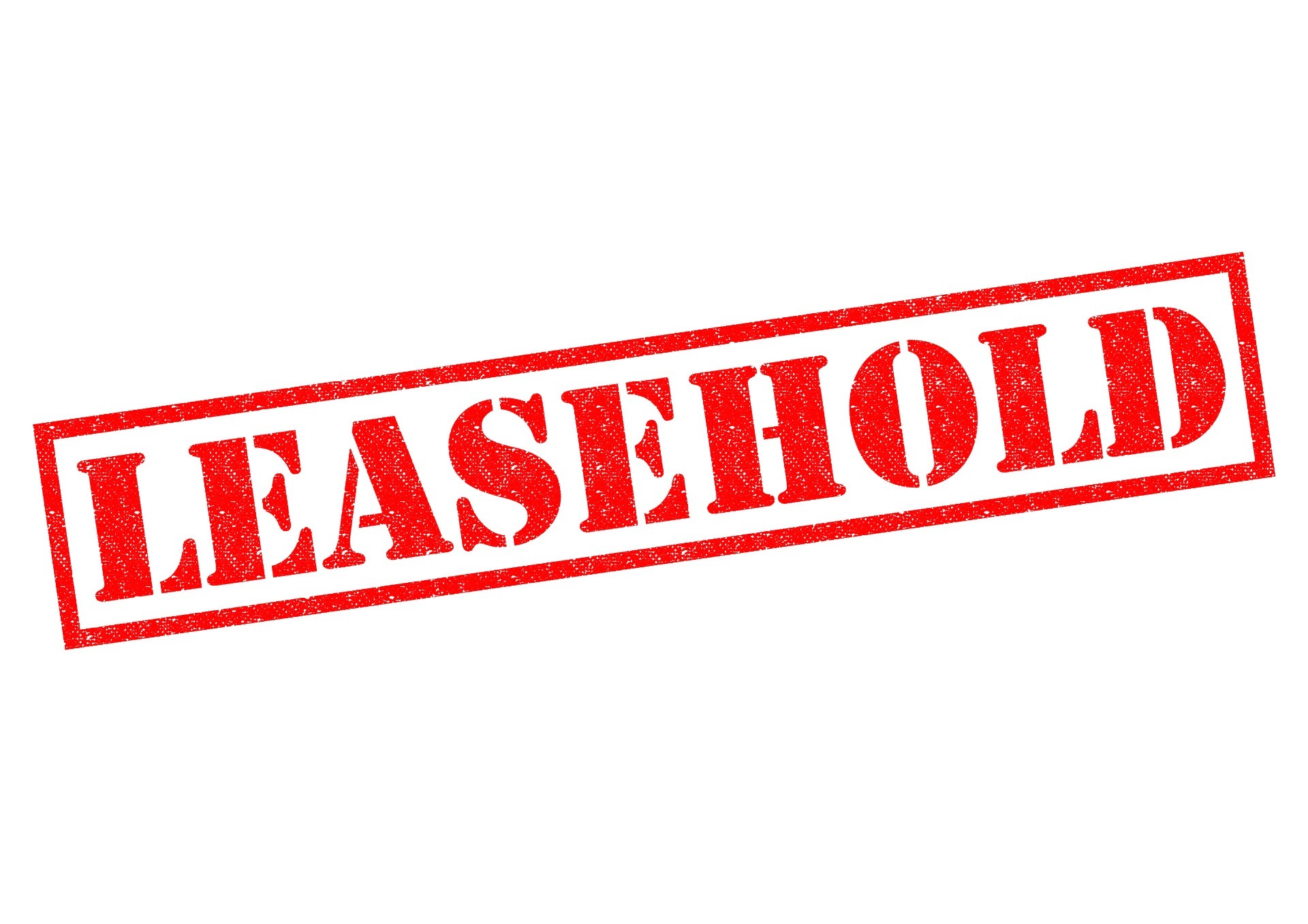 'Leasehold' in bold, red letters in a stamp effect on a white background