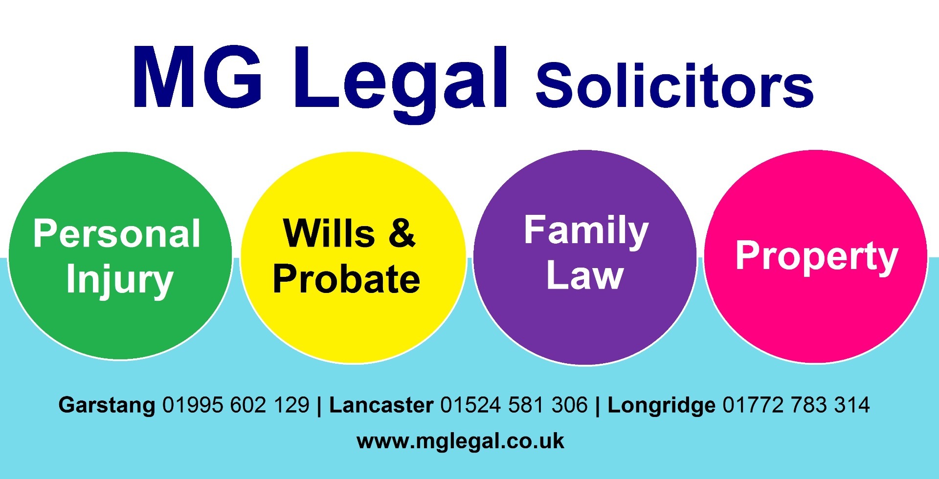 MG Legal Solicitors Design with four 'balls' stating 'Personal Injury', Wills & Probate, Family Law and Property.  The contact numbers for Garstang Lancaster and Longridge and the web address.
