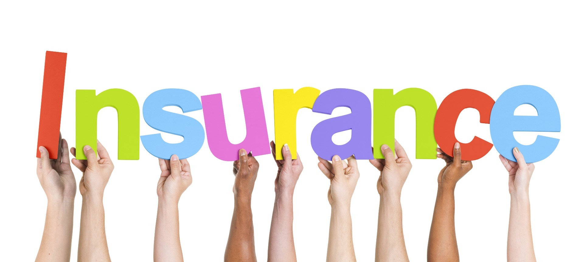 'Insurance' written in bold, cut out letters, held up by people