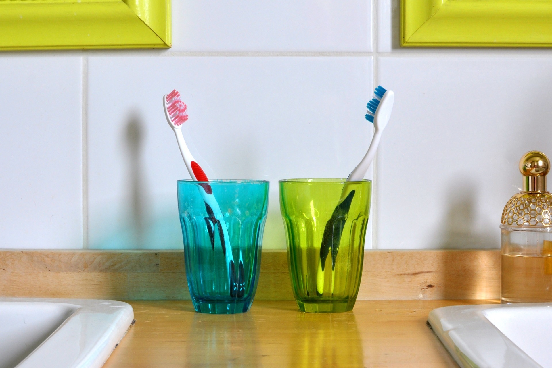 Two toothbrush holders with a toothbrush in each holder.