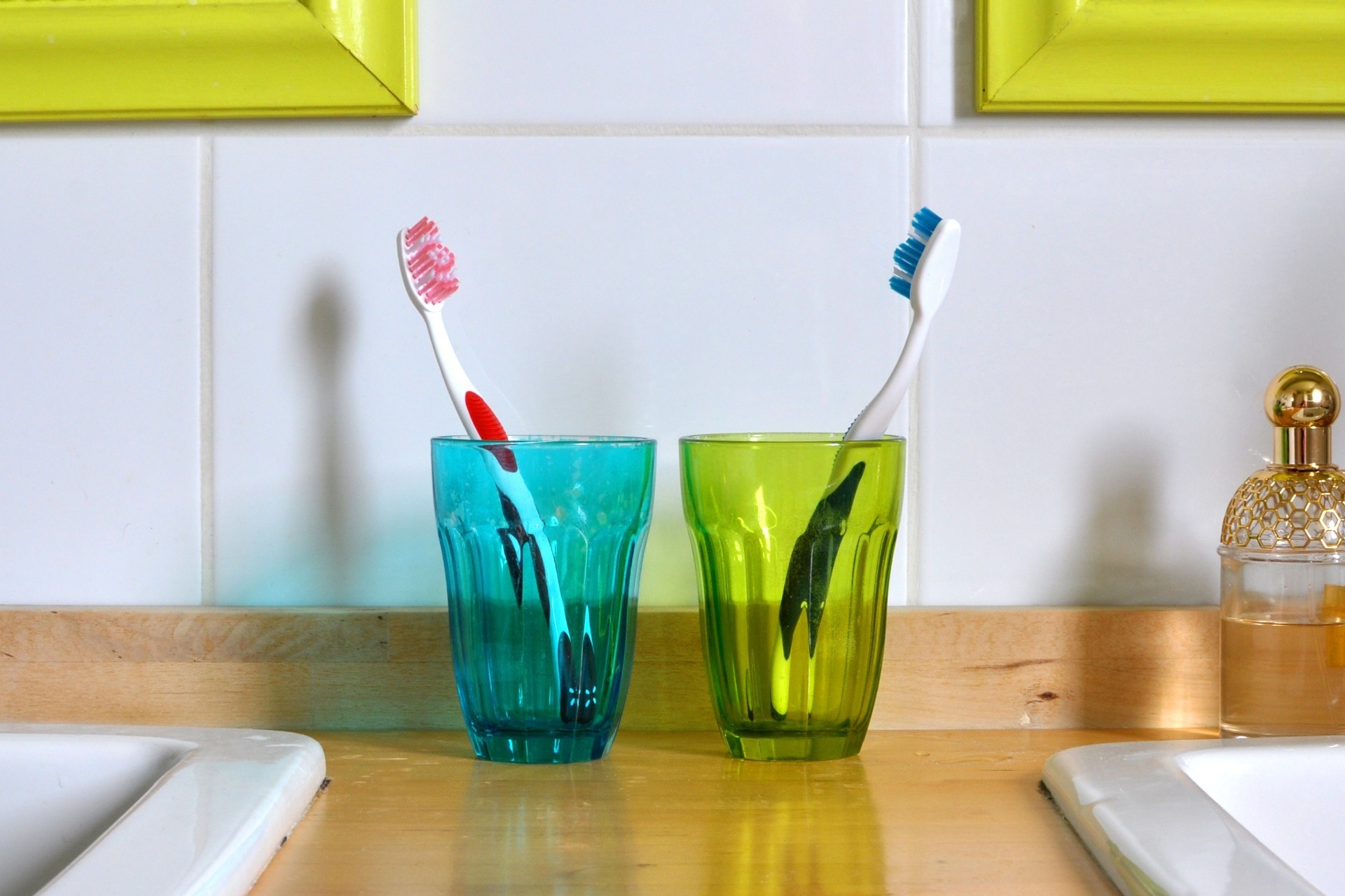 A pair of toothbrushes.