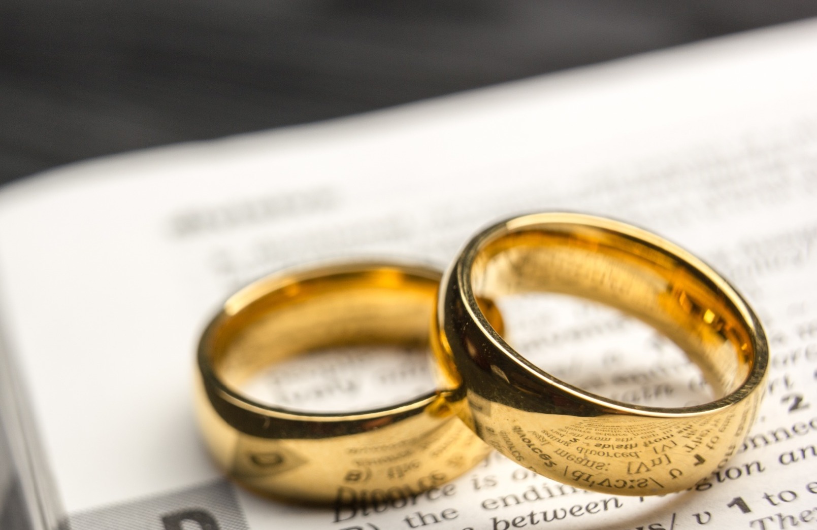 Two gold wedding bands resting on top of a book; our Wills Solicitors in Longridge discuss Wills and how marriage or Civil partnership formation impacts these.