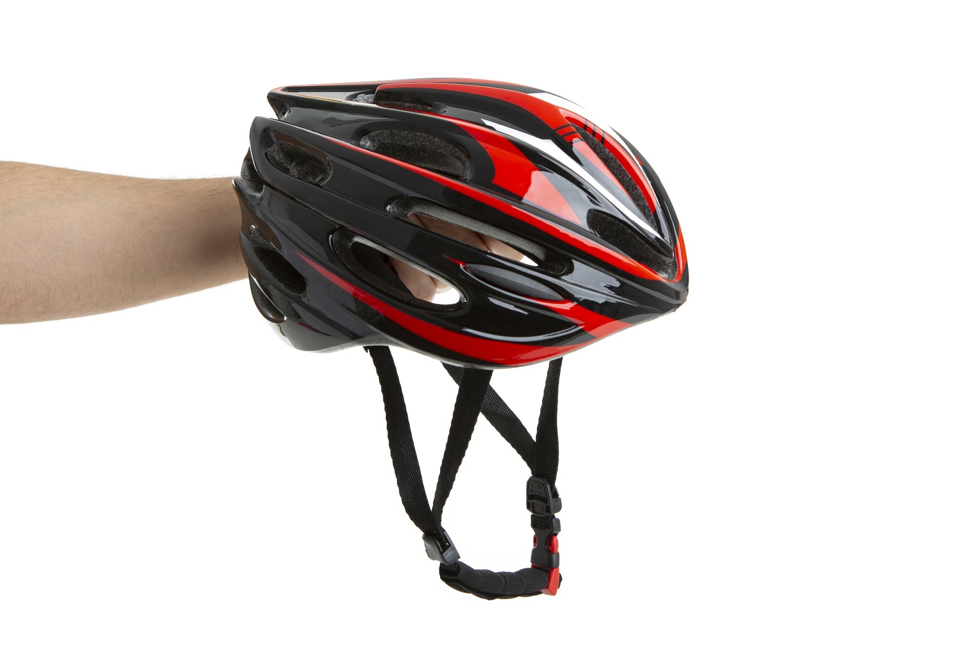 A red and black bike helmet; our No Win No Fee Solicitors in Lancaster discuss injury compensation claims for Cyclists.